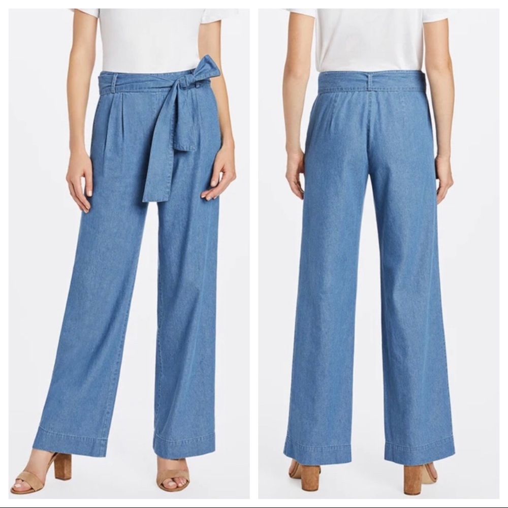 Draper James Wide Leg Belted Chambray Pants Blue